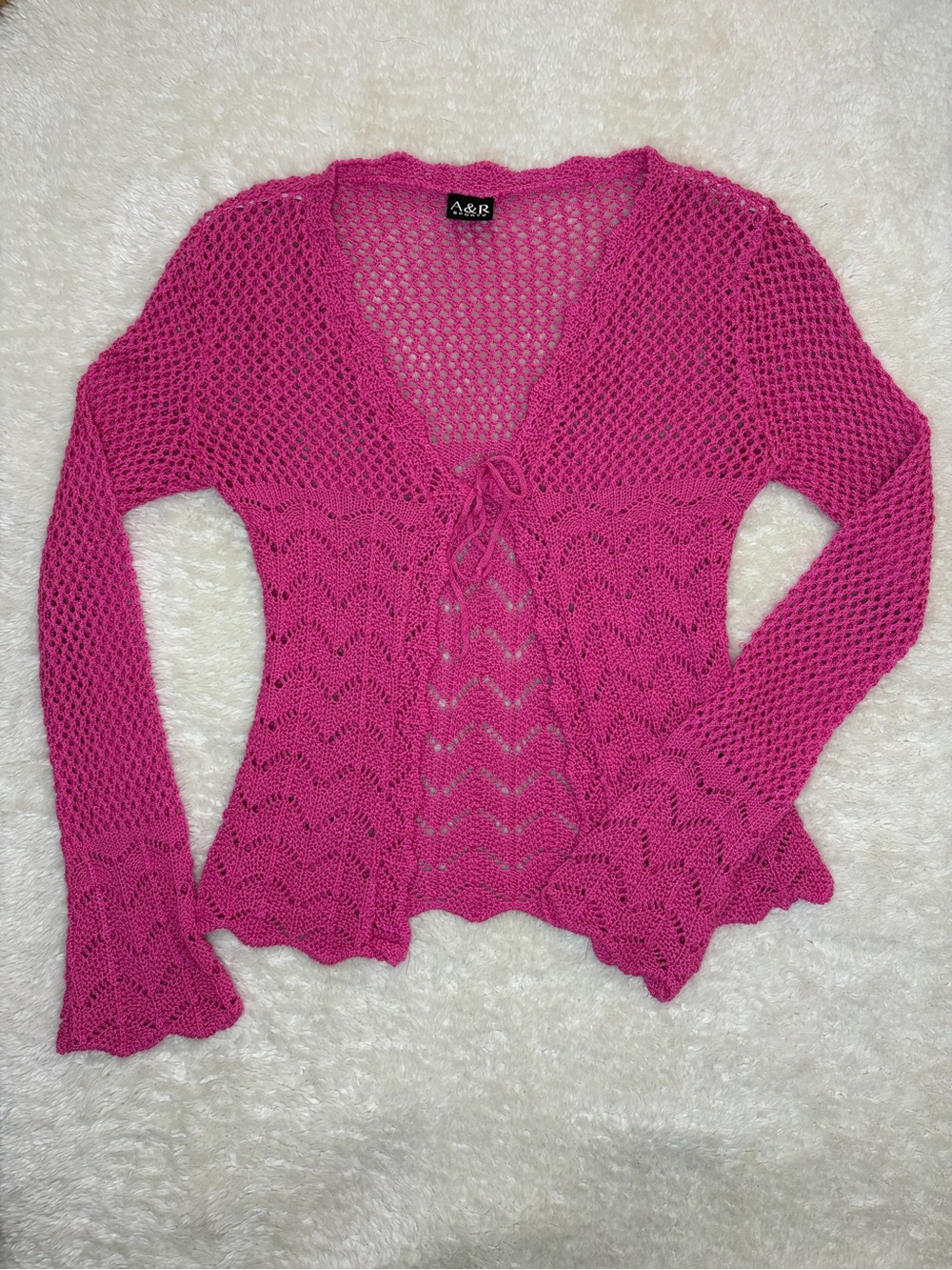 Hot pink crochet open knit sheer tie front cardigan sweater